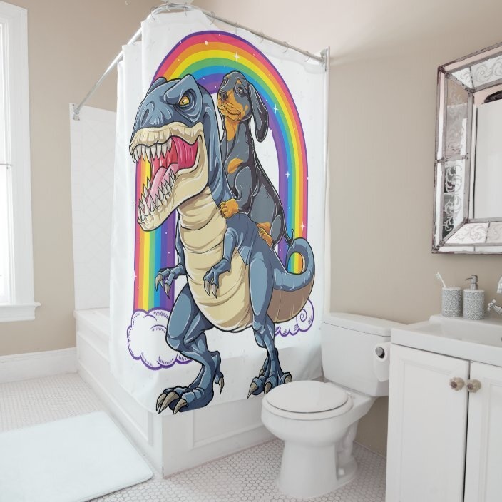 Dahund Husky Unicorn Riding Tyrannosaurus Rex Rainbow Shower With Hook Bathroom Curtain L220cm