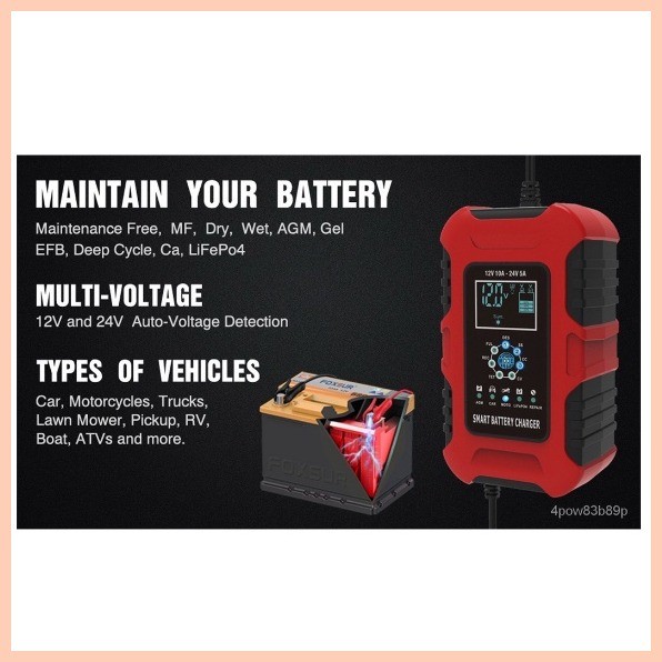 2021 FOXSUR 12V 24V 10A Automatic Smart 7-stage Pulse Repair Car Battery Charger for AGM GEL
