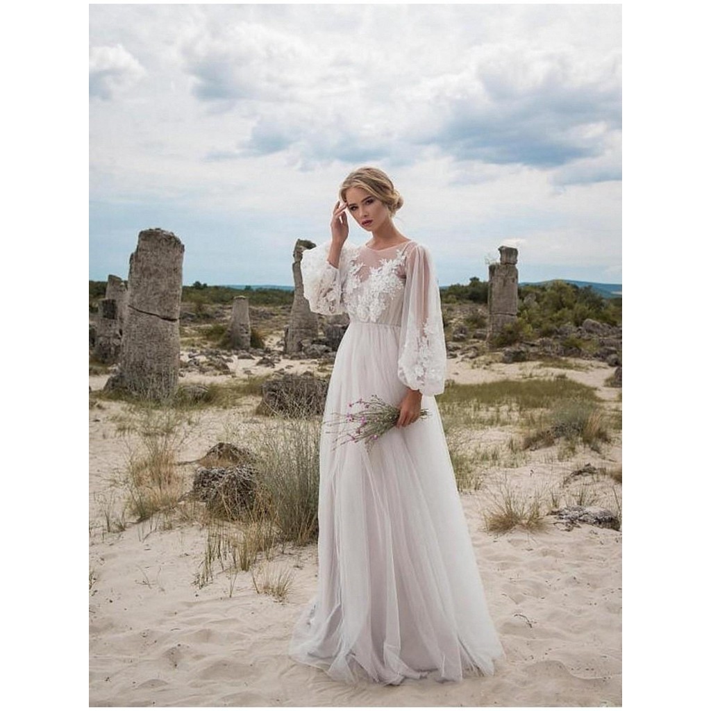 2022 bagong kasal na gaya fashion O-neck puff sleeve lace damit ng bridesmaid’s gown White dress