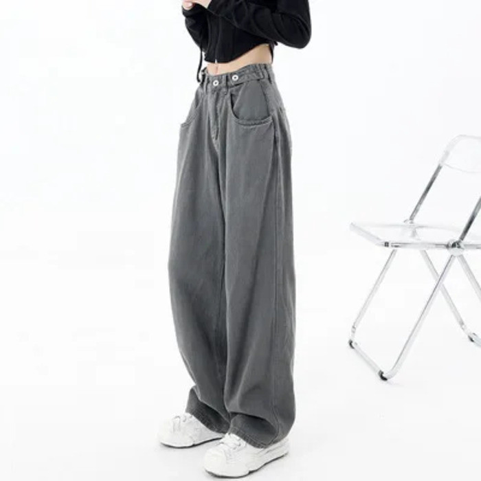 2022 New Autumn Hong Kong Style Loose Fit Straight Jeans Women’s Adjustable Mid Waist Wide Leg