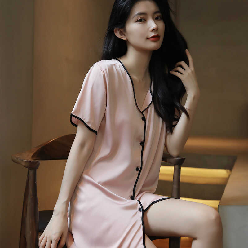 2024 In Vogue Summer Sexy Silk Solid Color Short Sleeve Cardigan Sleeping Skirt Women’s Pajamas Ice