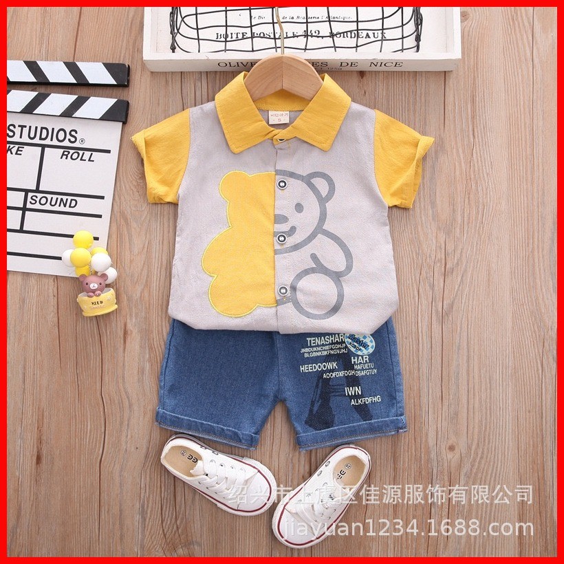 6mos-4yo Polo Shirt Short Terno Yellow Bear Design Summer Terno for Kids Boys