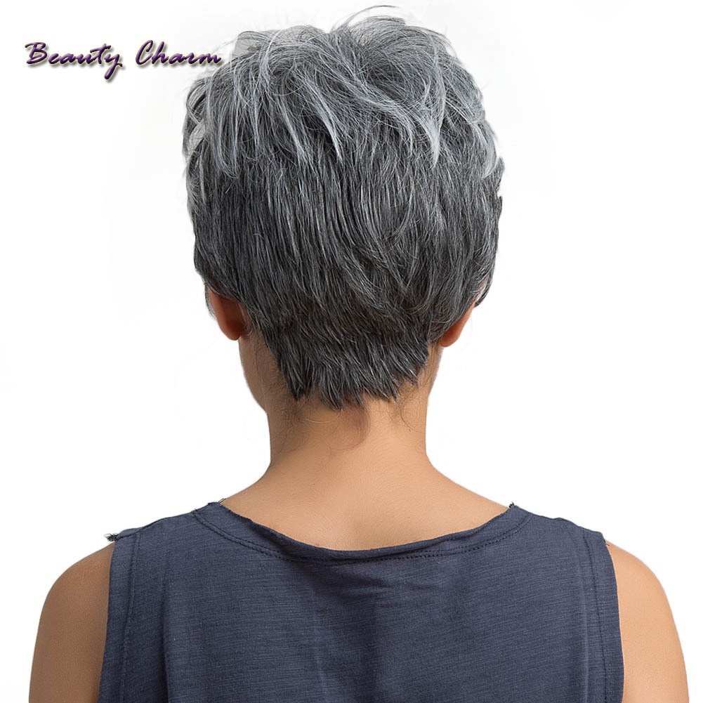 in stock  Women Short Wigs Natural Wave Synthetic Hair Lady Girl Cosplay Party Full Wig Grey White Mixed Color