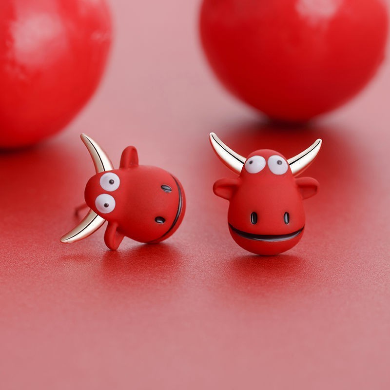 In stock Trendy Benming year red zodiac cute cartoon cute Cow Earrings Exquisite Student S925 Silver Needle Earrings 2021 tide natal year red zodiac cute cartoon cxyz8451.my