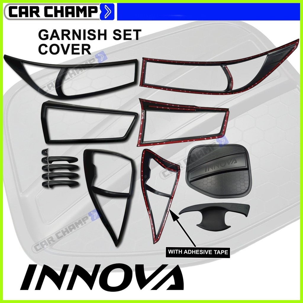 Toyota Innova 2016 to 2024 E Variant Garnish Combo set cover MATTE BLACK/CHROME FREE TRD doo