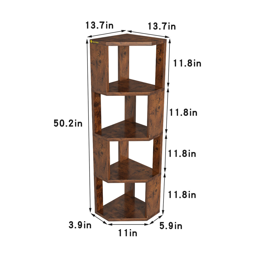 1A3 4 3 Tier Shelf Bookcase Wooden Rack,Standing Tall Corner Bookshelf Display Unit Storage Rack