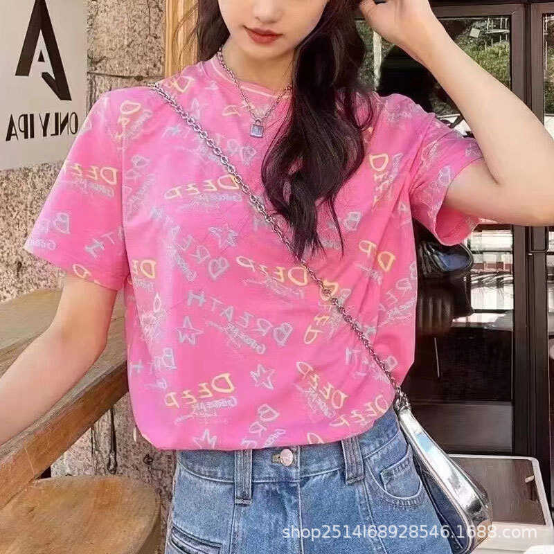 women's Gojia's new clothing 2024 summer collection features versatile casual round-neck letter-prin - Image 3