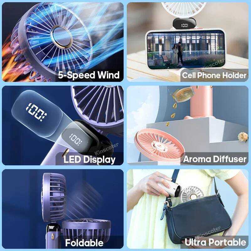 i @ USB Handheld Mini Fan Foldable Portable Neck Hanging Fans 5 Speed Rechargeable Fan With Phone @ - Image 2