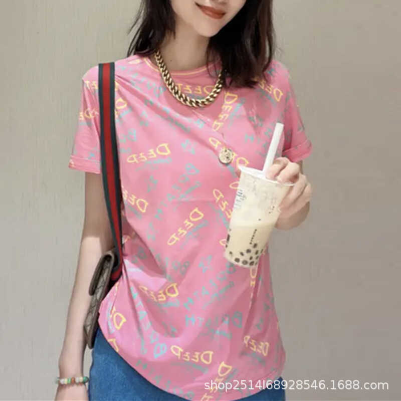 women's Gojia's new clothing 2024 summer collection features versatile casual round-neck letter-prin - Image 4