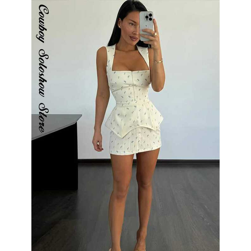 Elegant Fl. Printed Mini Dress With Belt Women Square Neck Sleeveless Slim Summer Dresses Lady Fl. - Image 2