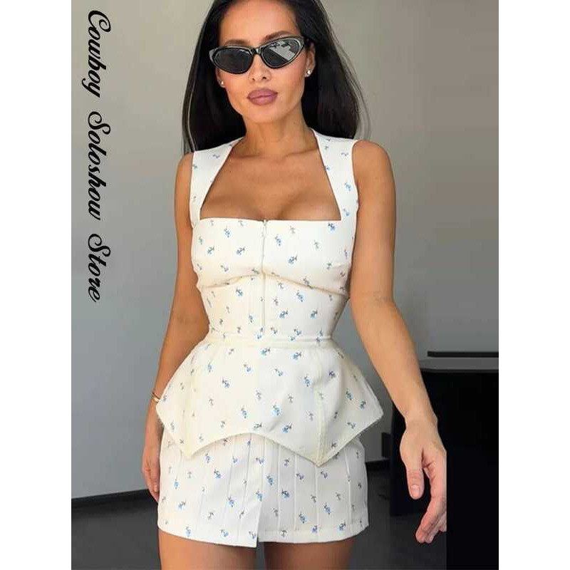 Elegant Fl. Printed Mini Dress With Belt Women Square Neck Sleeveless Slim Summer Dresses Lady Fl. - Image 5