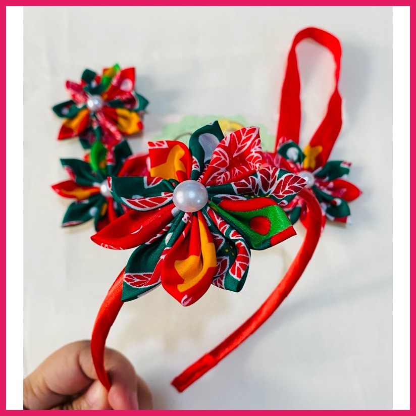 Christmas Fabric Flowers Clips Headband Elastic Band Baby Girl Softband SCRB Hair Accessories