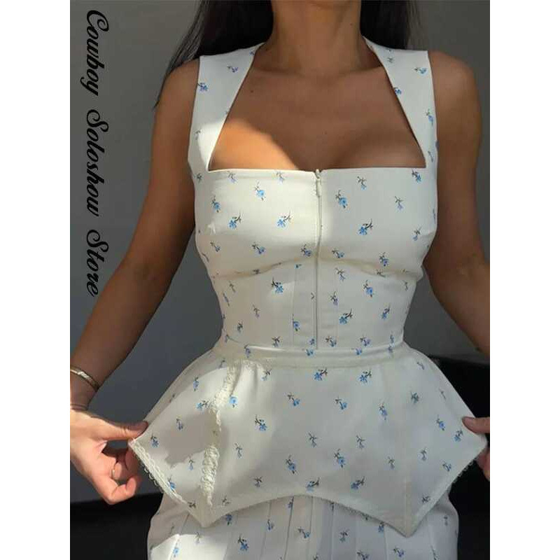 Elegant Fl. Printed Mini Dress With Belt Women Square Neck Sleeveless Slim Summer Dresses Lady Fl. - Image 4