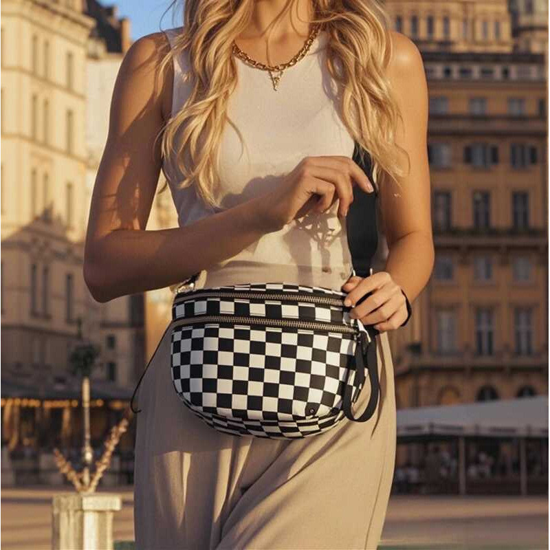 Checkered Crossbody D& Sling Multi-Pocket Chest Purse with Adjustable Wide Strap for Outdoor Trave