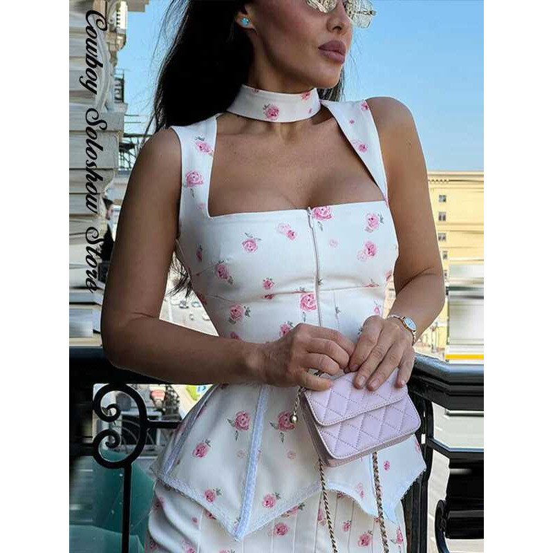 Elegant Fl. Printed Mini Dress With Belt Women Square Neck Sleeveless Slim Summer Dresses Lady Fl. - Image 3