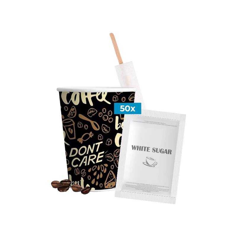 Kit Coffee Compostable Disposable Paper Cup Stirrer + Sugar 50 Pack Customizable 3e3