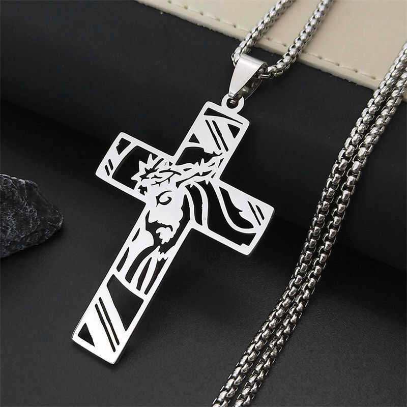 Cross Christ God Jesus Crown Of Thorns Chain Men Stainless Steel Crucifix Necklace Jewelry Colar E7