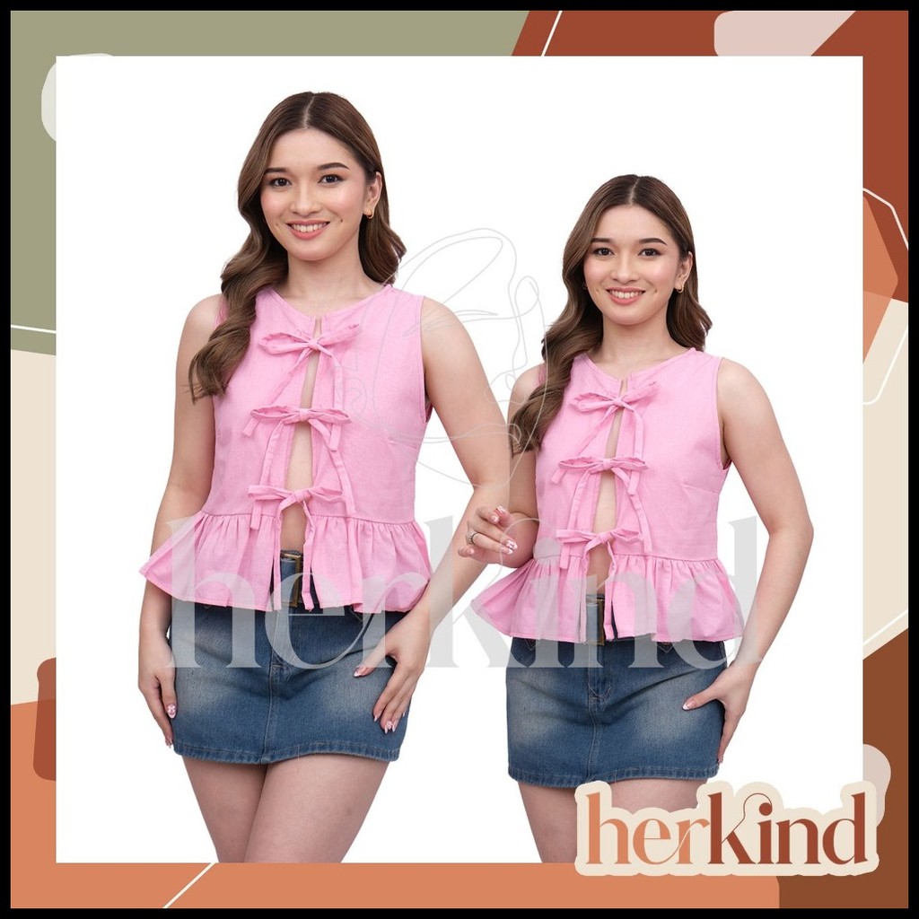 HERKIND FASHION ORELLA GANNI DUPE LINEN RIBBON SEXY FRONT COQUETTE SLEEVELESS CASUAL WOMEN TOP