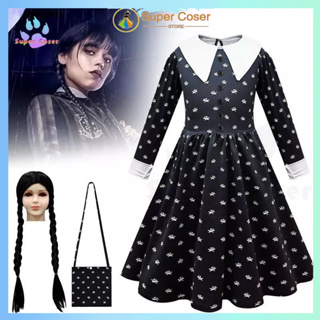【IN STOCK】For Girl Wednesday Addams Cosplay Costume Addams Printing Dress Wig Girls Outfits Halloween For Girl
