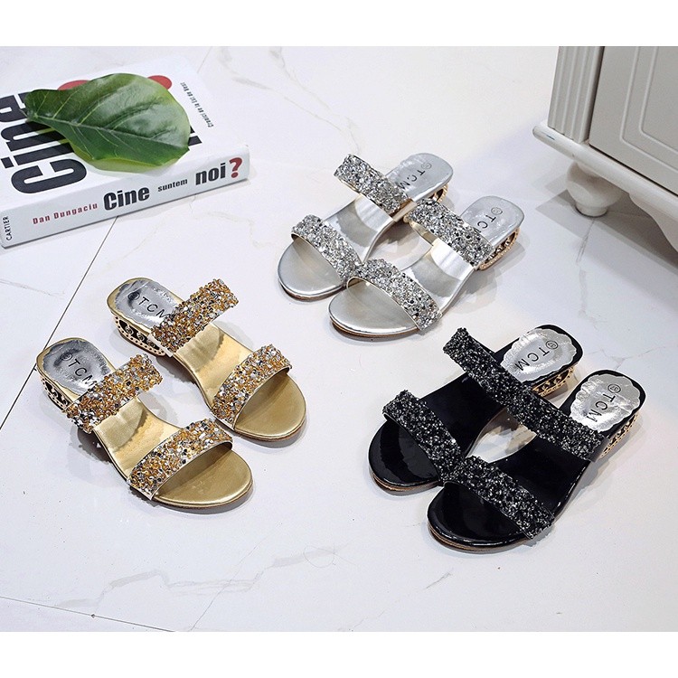 Glitter Fashion Elegant Sandals For Women Sale Middle Heel Sandals For Lady Slide ith&J Sequins - Image 2