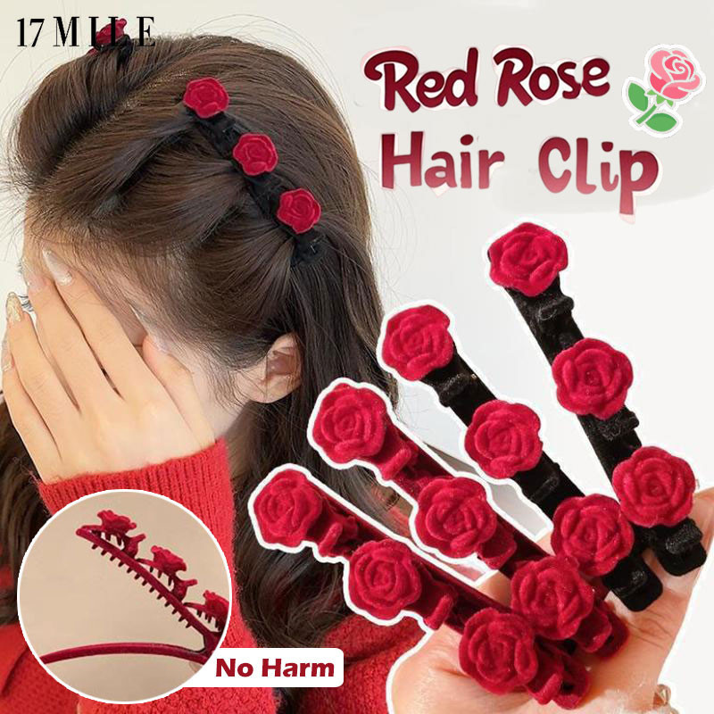 XR{Red Rose Braided Hair Clip Beautiful Heart Forehead Side Bangs Hai A