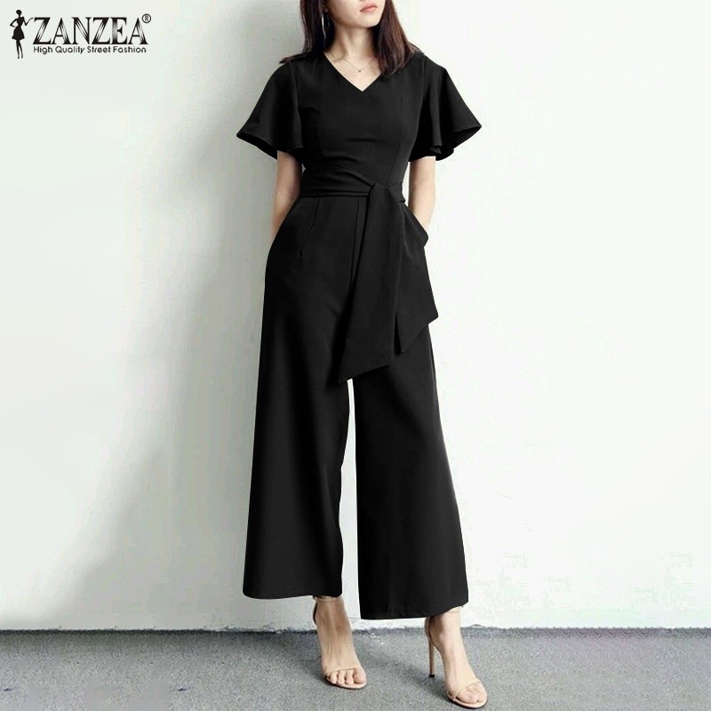 ZANZEAc$Wome ormal Solid V Neck Short Sleeve Playsuit Wid Jumpsuit - Image 4
