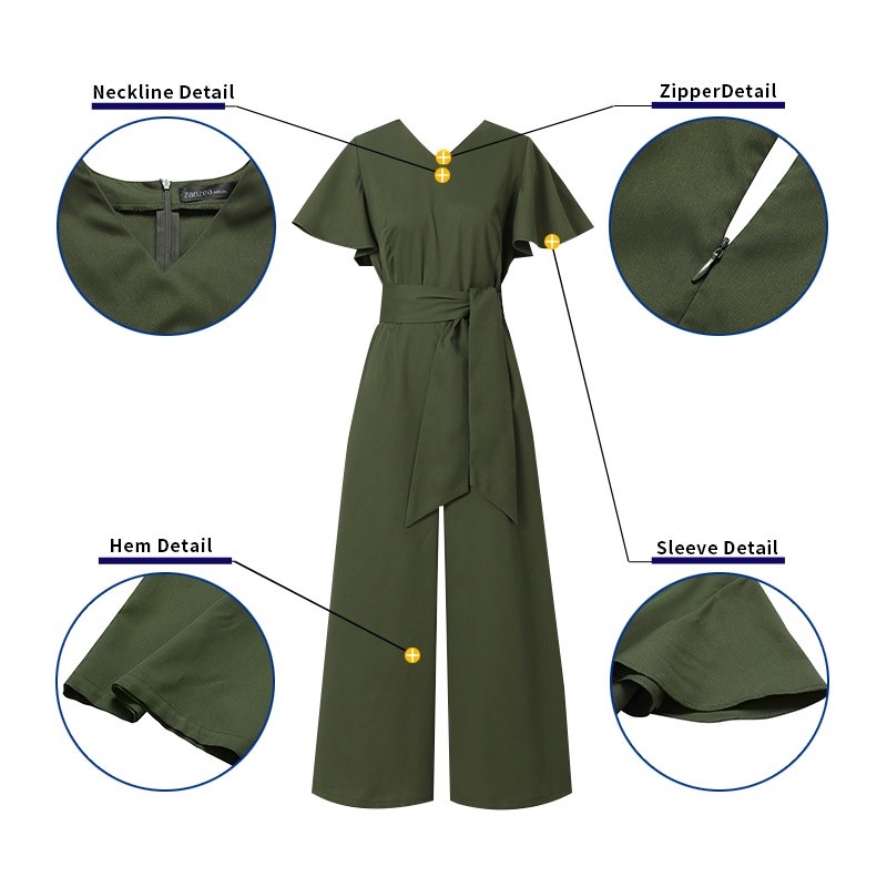 ZANZEAc$Wome ormal Solid V Neck Short Sleeve Playsuit Wid Jumpsuit - Image 3