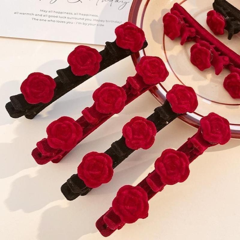 XR{Red Rose Braided Hair Clip Beautiful Heart Forehead Side Bangs Hai A - Image 5