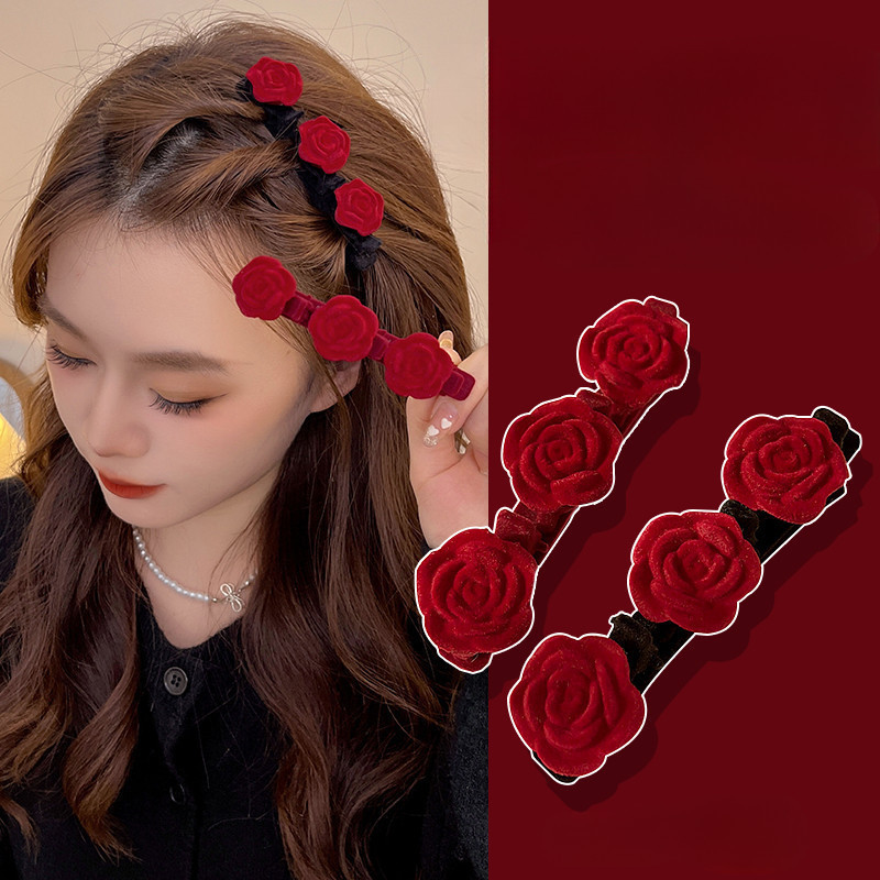 XR{Red Rose Braided Hair Clip Beautiful Heart Forehead Side Bangs Hai A - Image 4