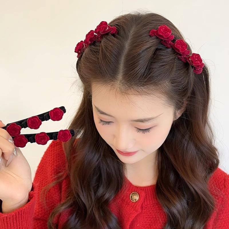 XR{Red Rose Braided Hair Clip Beautiful Heart Forehead Side Bangs Hai A - Image 2