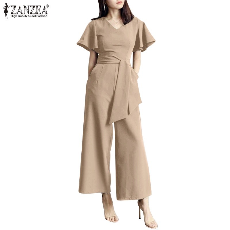 ZANZEAc$Wome ormal Solid V Neck Short Sleeve Playsuit Wid Jumpsuit