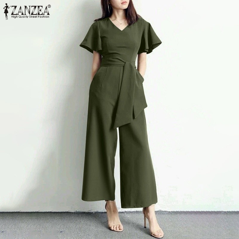 ZANZEAc$Wome ormal Solid V Neck Short Sleeve Playsuit Wid Jumpsuit - Image 5