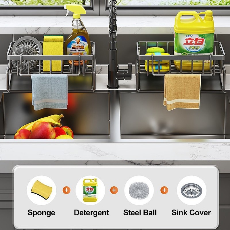 Sponge Drainer Rack With Towel Holder Kitchen Bathroom Sink Organizer Rack Soap Holder Orgaizer — view 7