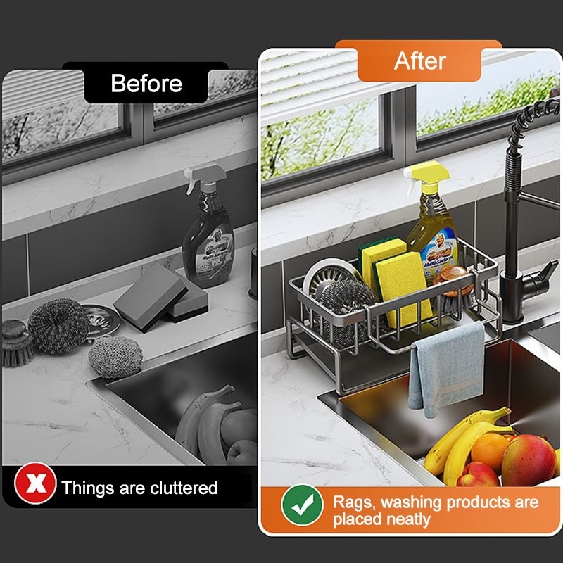 Sponge Drainer Rack With Towel Holder Kitchen Bathroom Sink Organizer Rack Soap Holder Orgaizer — view 4