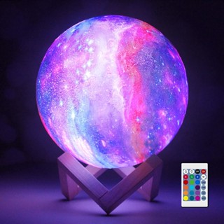 1mjD Upgrade Moon Lamp Lava Lamp,3D Printing Galaxy Night Light with Wooden Stand 16 LED Colors OMV