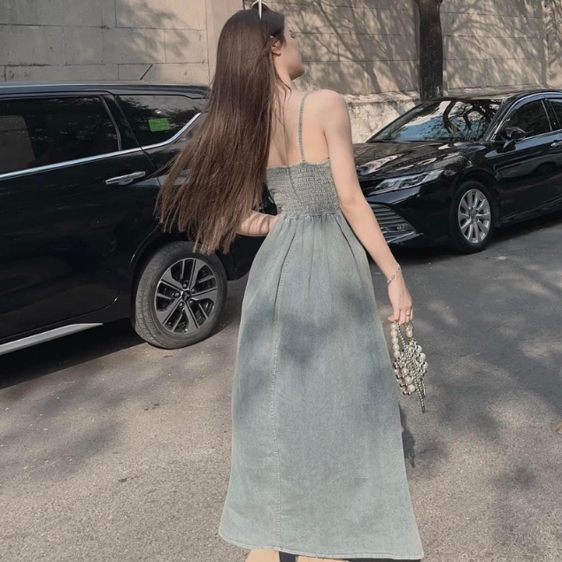 2-strap jean dress with elastic waist at the back, long flared maxi shape, made of Guangzhou denim, hot hit color like the photo for girls going out and going on dates